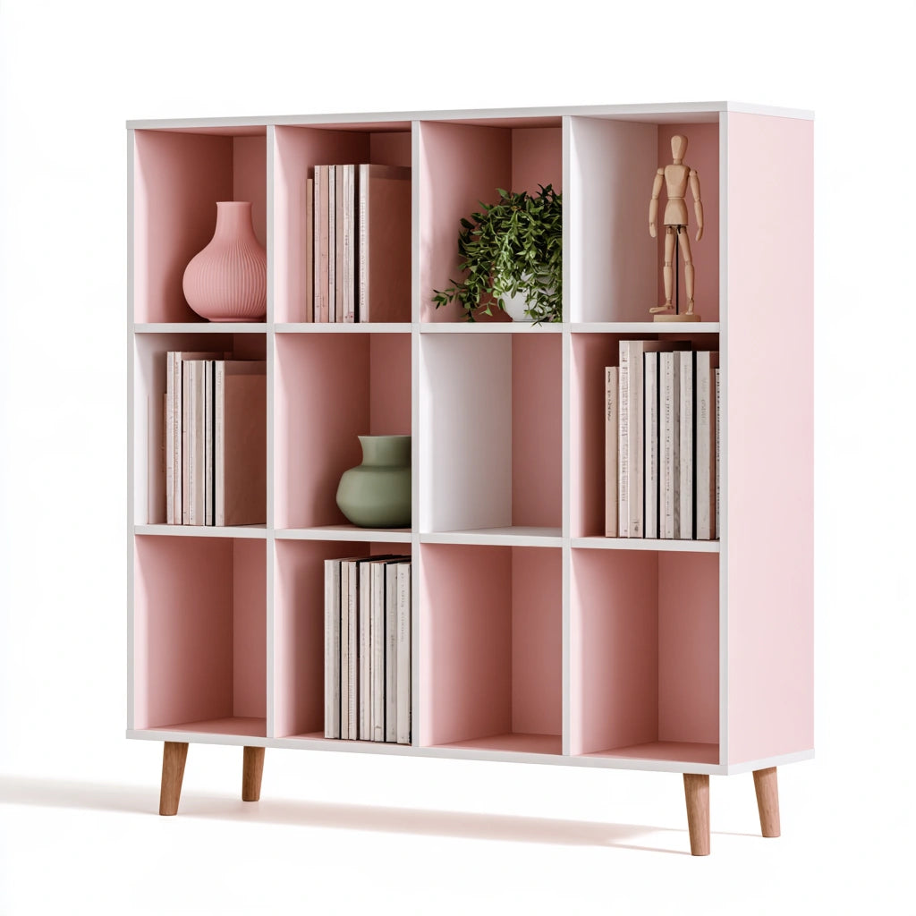 Mehrstufiges Aufbewahrungsregal, aus Holz, Farbe: rosa und weiß